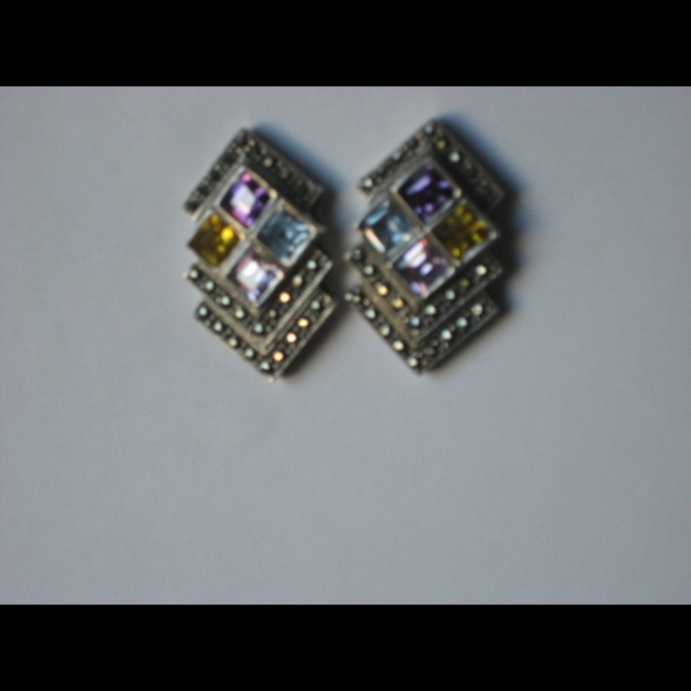 Vintage sterling earrings marcasites gemstones - Picture 3 of 5